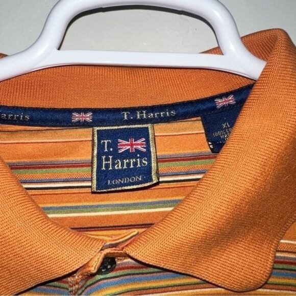 T Harris London Mens Orange Striped Polo Shirt XL 100% Cotton Short Sleeve Casua - Picture 3 of 9
